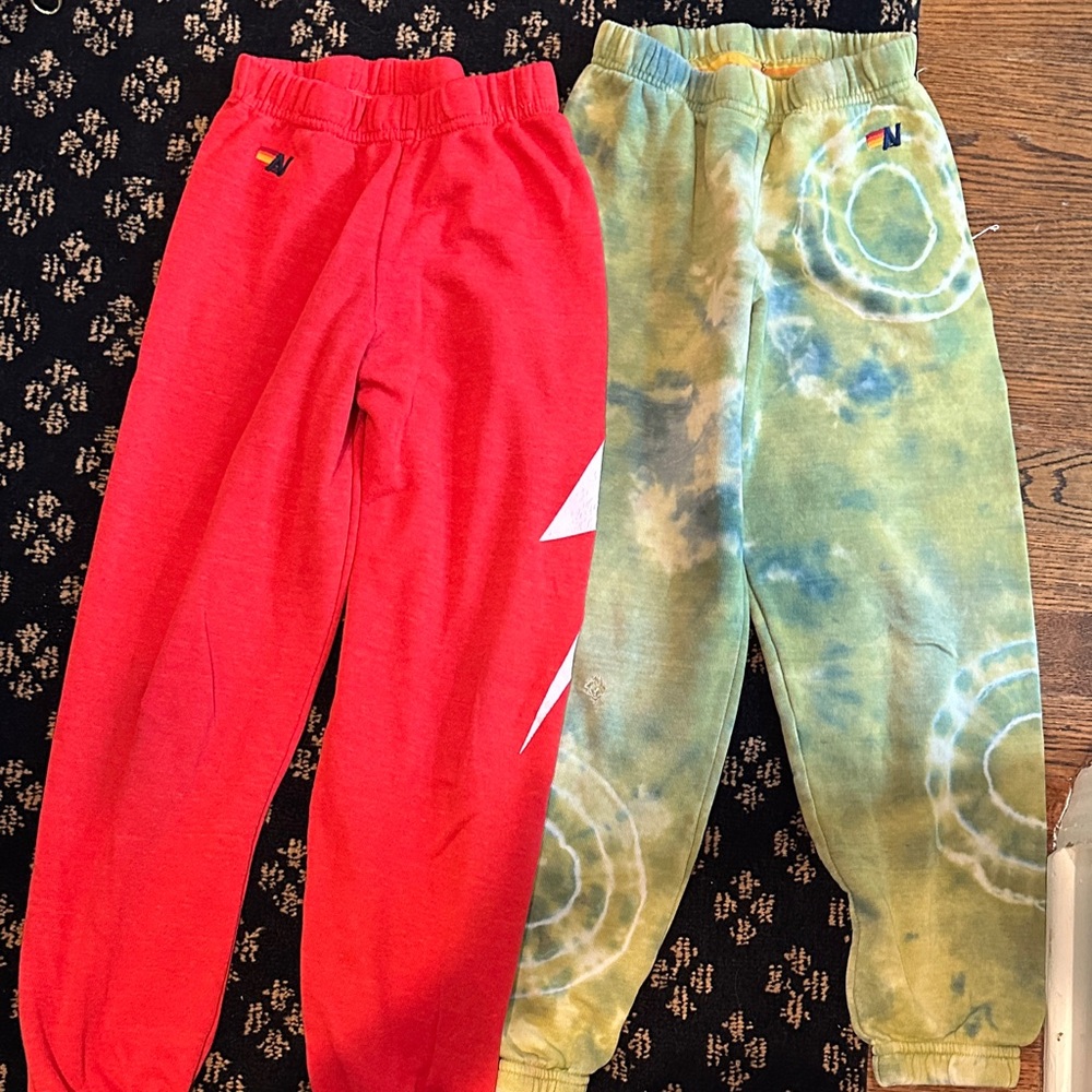 Aviator Nation Red and Tie-Dye Green Kids Sweatpants